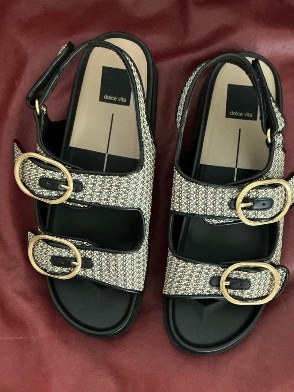 Dolce Vita Black & White Tweed Triple-Buckle Sandals with Gold Buckles